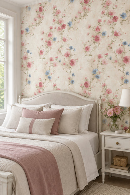 Pink And Blue Flowers Wallpaper Trailing Vine Cream