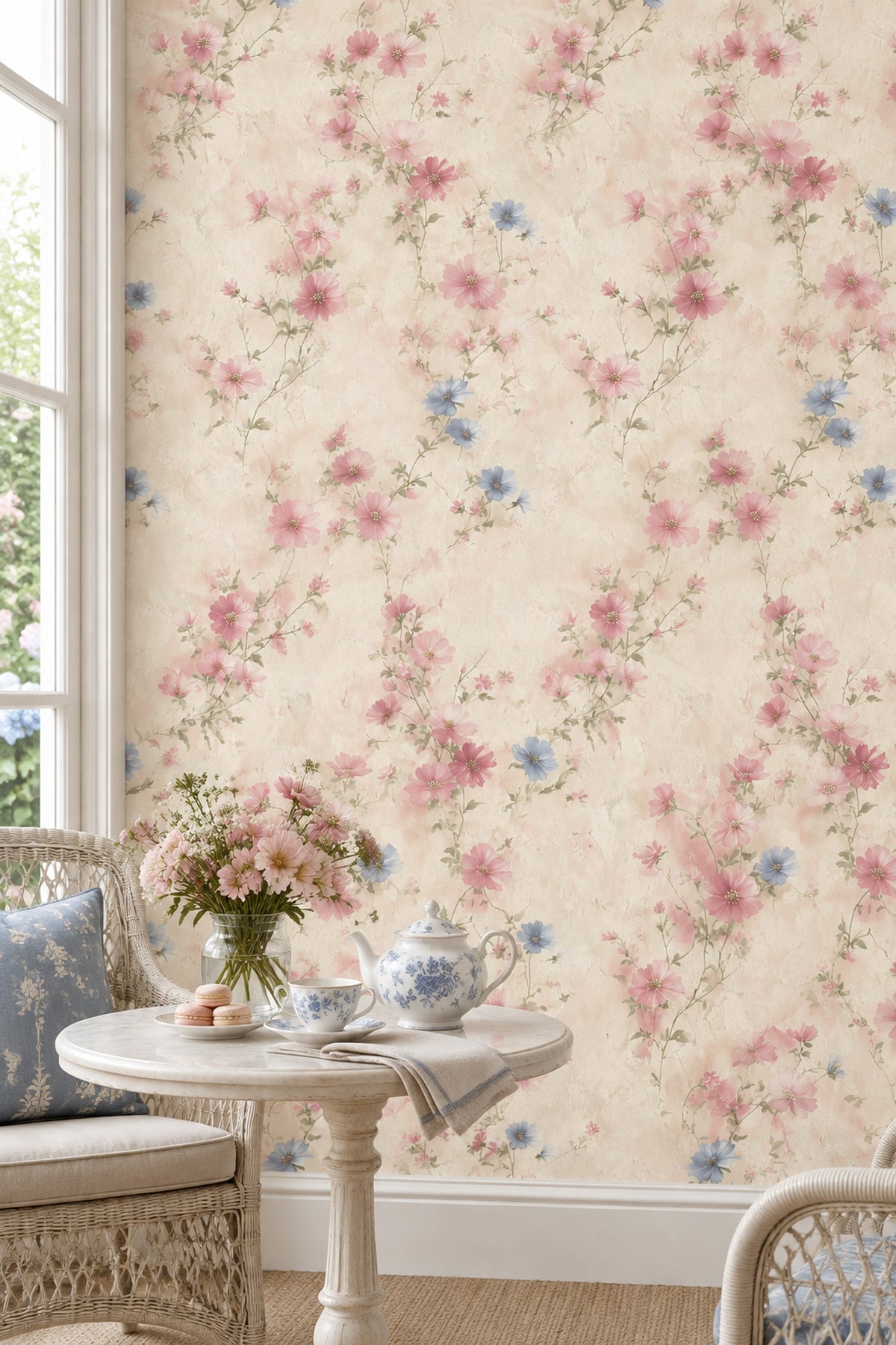 Pink And Blue Flowers Wallpaper Trailing Vine Cream