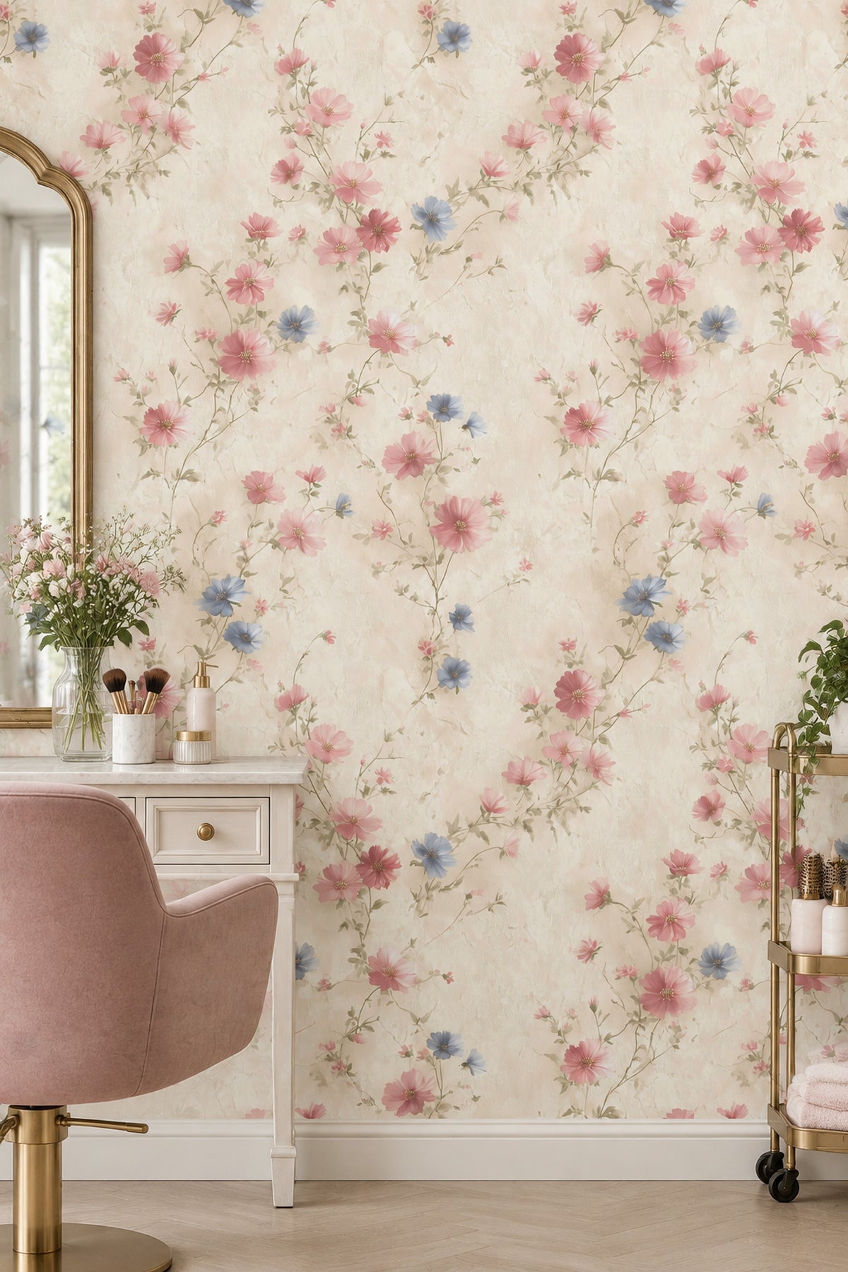 Pink And Blue Flowers Wallpaper Trailing Vine Cream