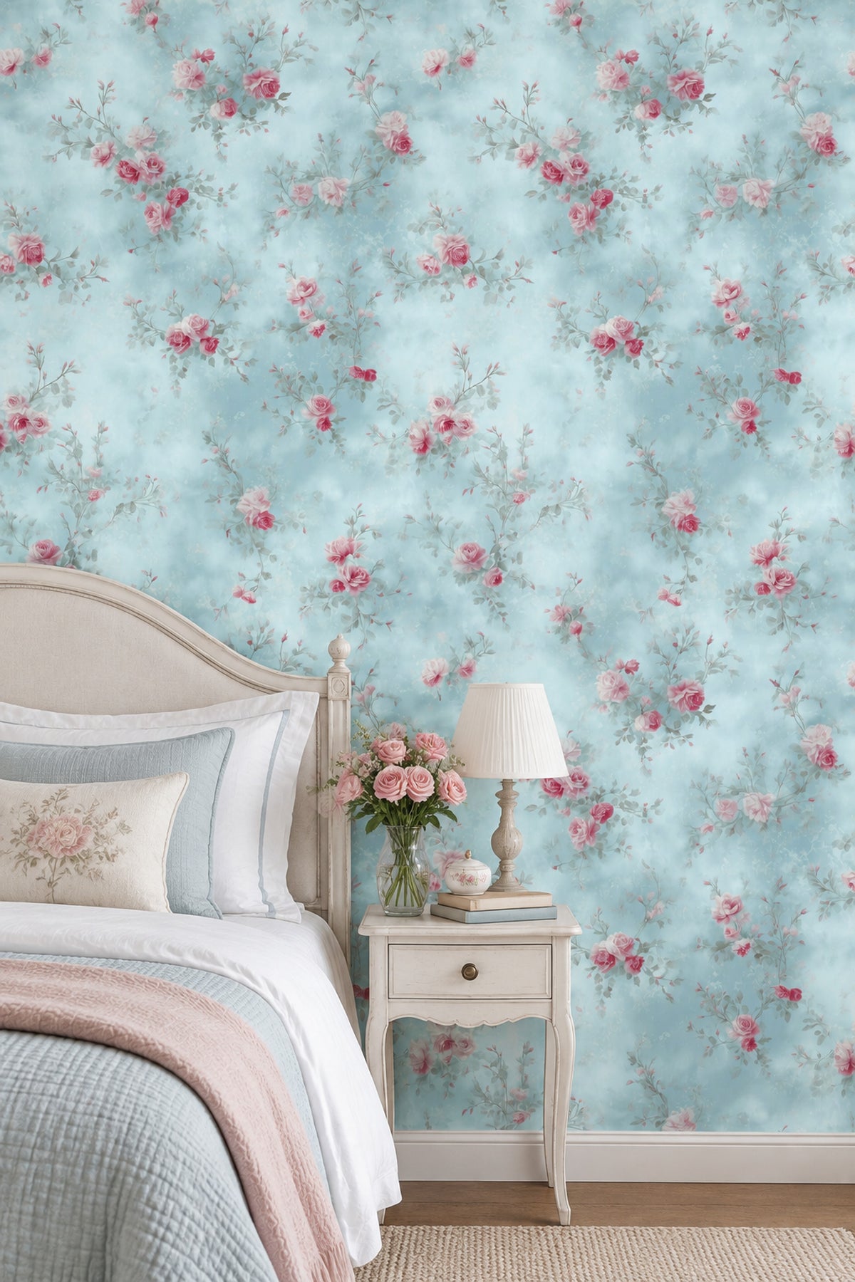 Pink Roses Wallpaper Pastel Blue Vintage Floral