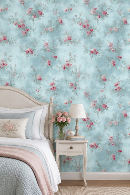 Pink Roses Wallpaper Pastel Blue Vintage Floral
