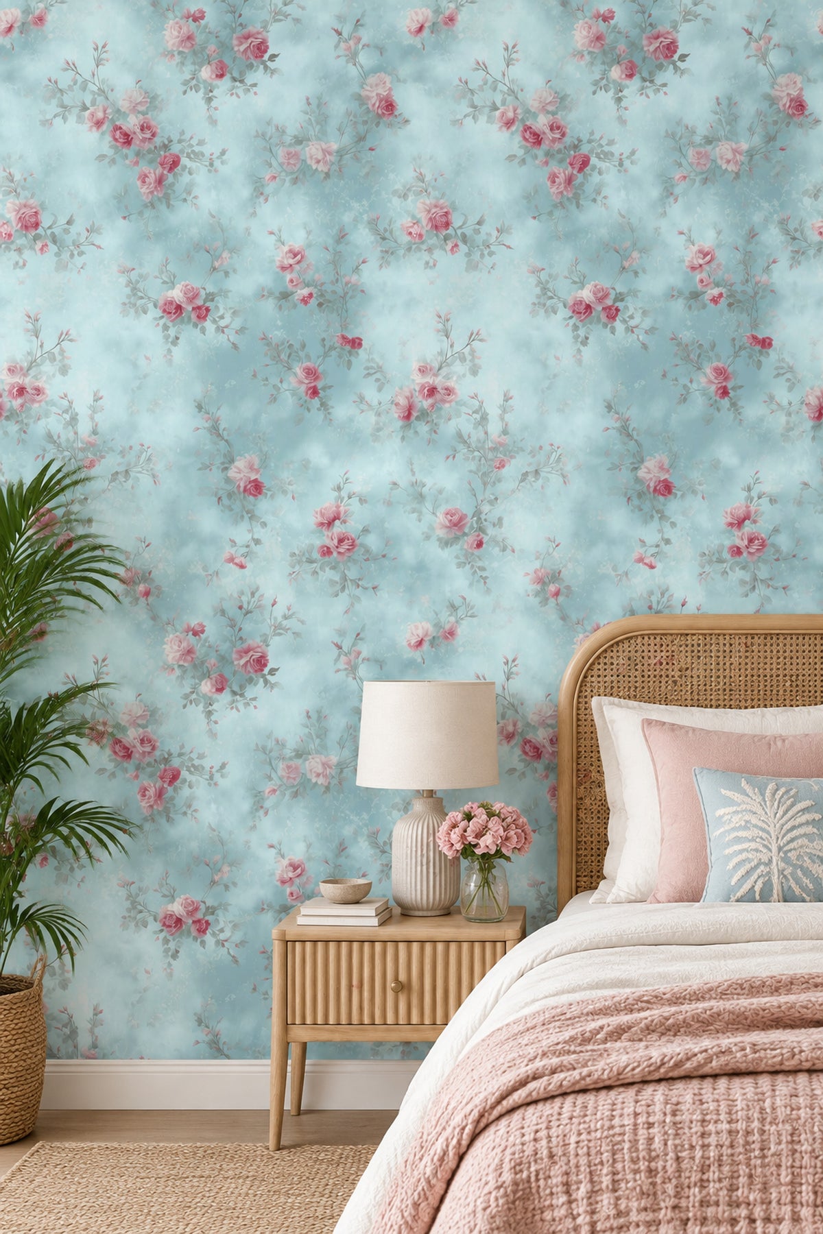 Pink Roses Wallpaper Pastel Blue Vintage Floral
