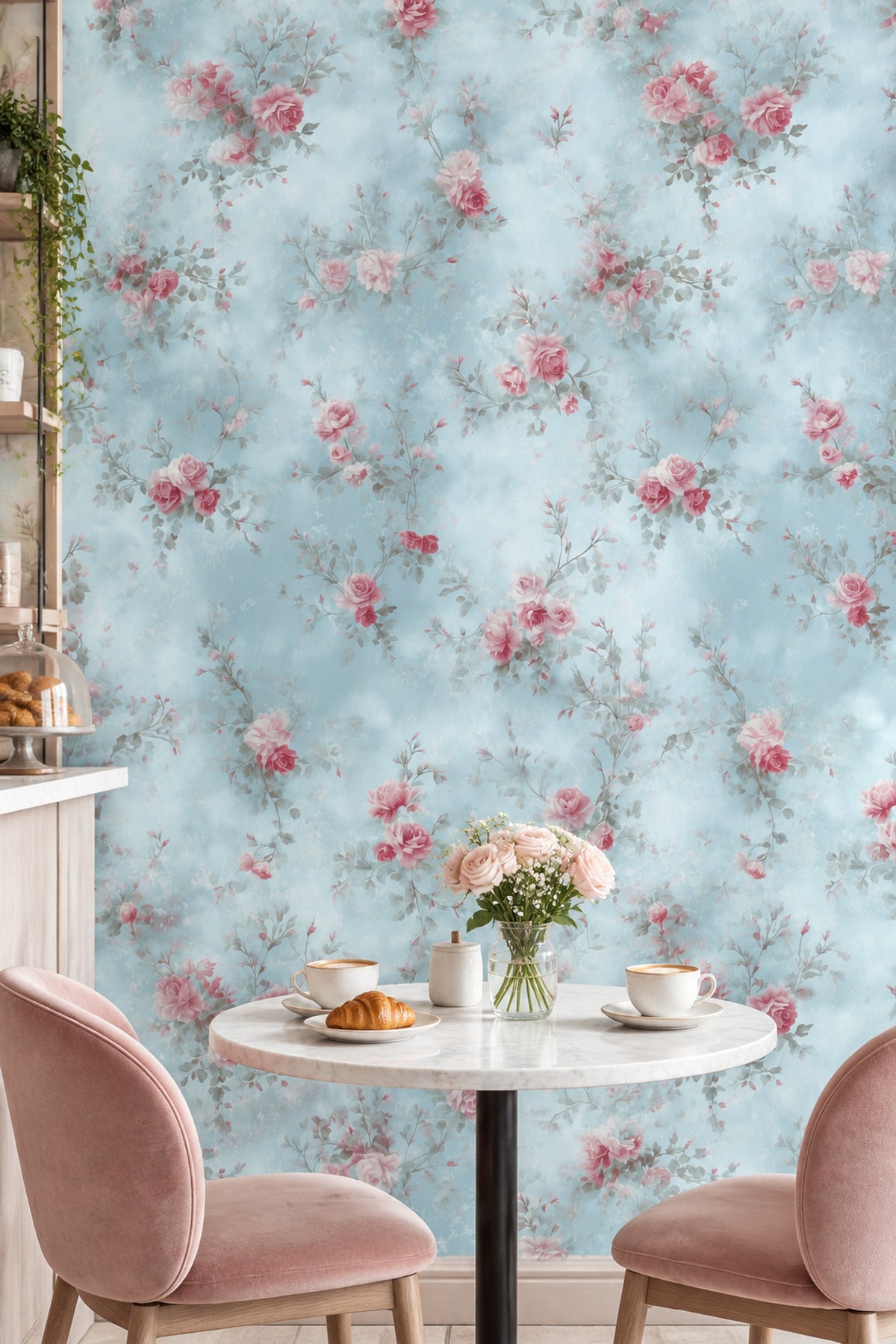 Pink Roses Wallpaper Pastel Blue Vintage Floral