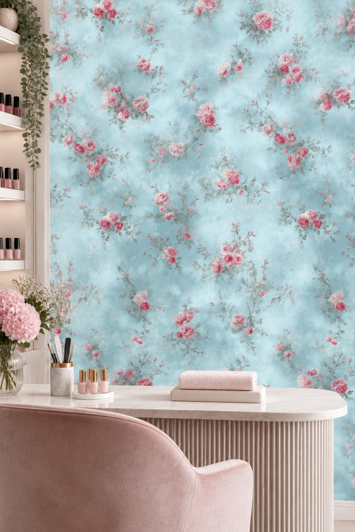 Pink Roses Wallpaper Pastel Blue Vintage Floral