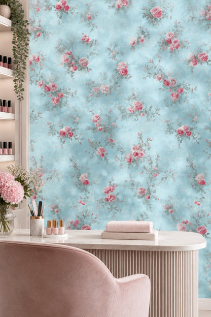 Pink Roses Wallpaper Pastel Blue Vintage Floral