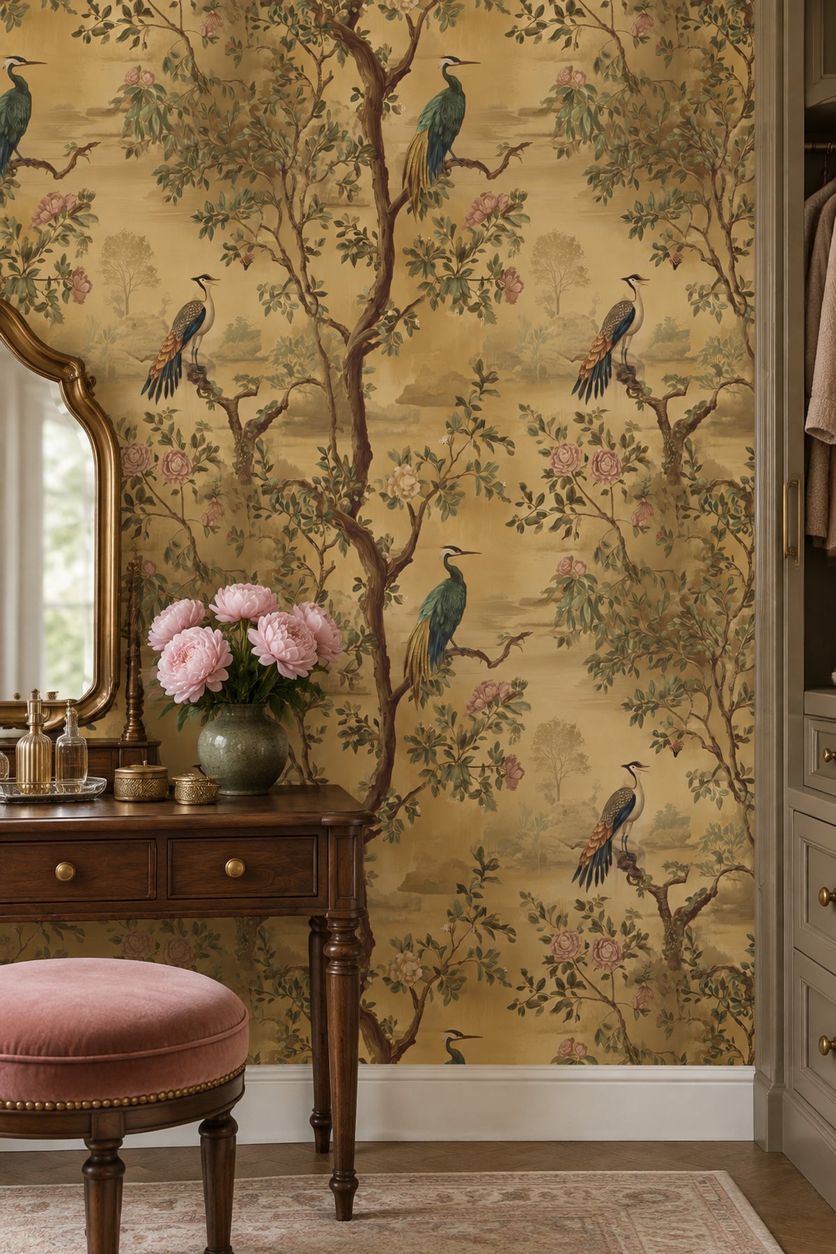 Exotic Birds Wallpaper Vintage Chinoiserie Botanical Landscape