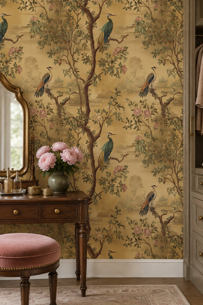 Exotic Birds Wallpaper Vintage Chinoiserie Botanical Landscape