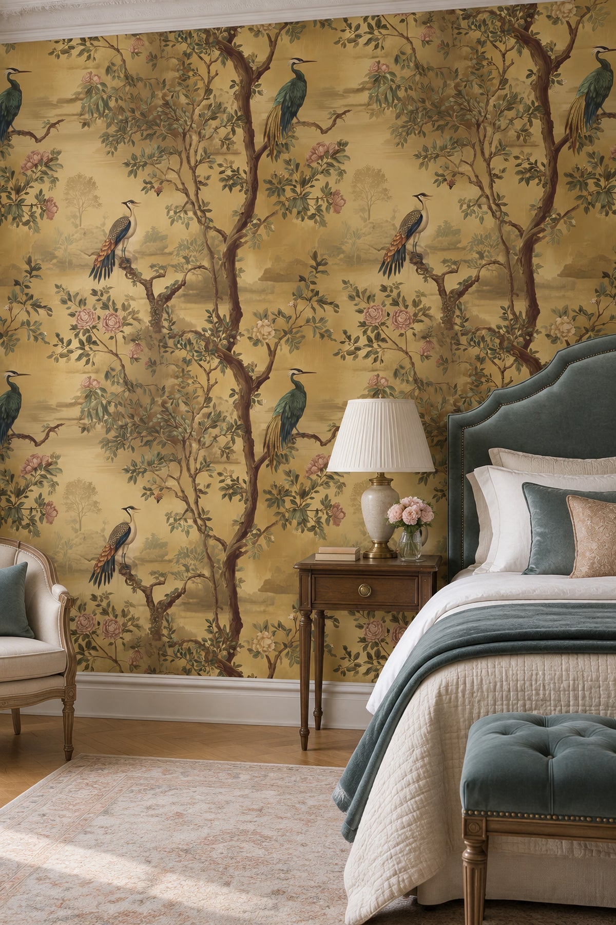 Exotic Birds Wallpaper Vintage Chinoiserie Botanical Landscape