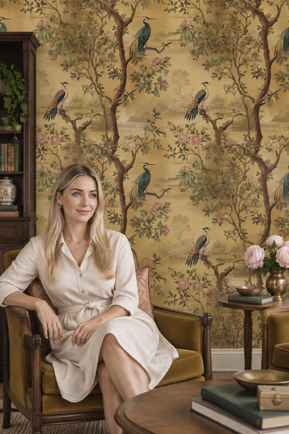 Exotic Birds Wallpaper Vintage Chinoiserie Botanical Landscape
