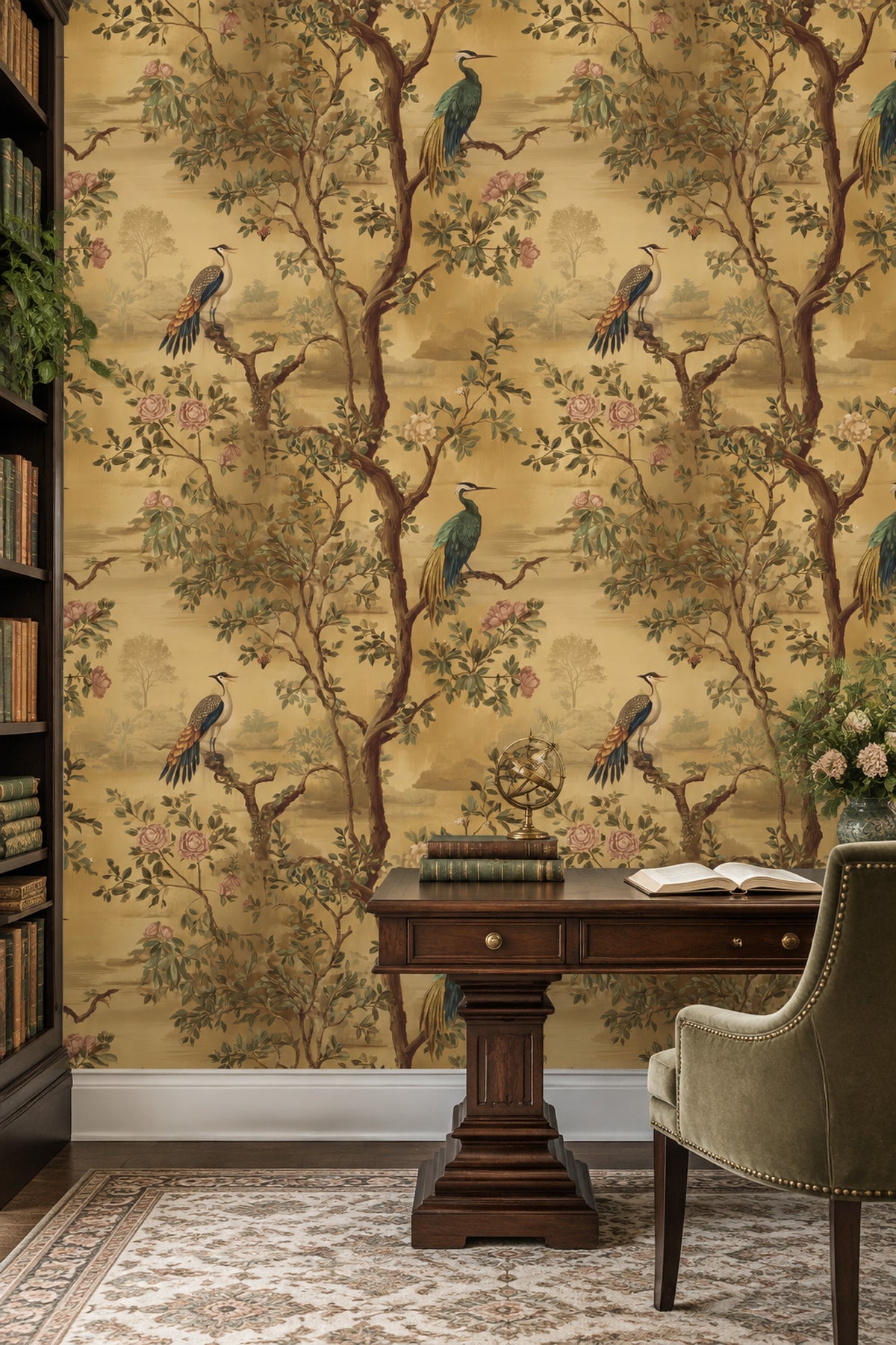 Exotic Birds Wallpaper Vintage Chinoiserie Botanical Landscape