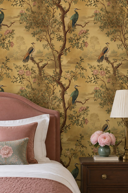 Exotic Birds Wallpaper Vintage Chinoiserie Botanical Landscape