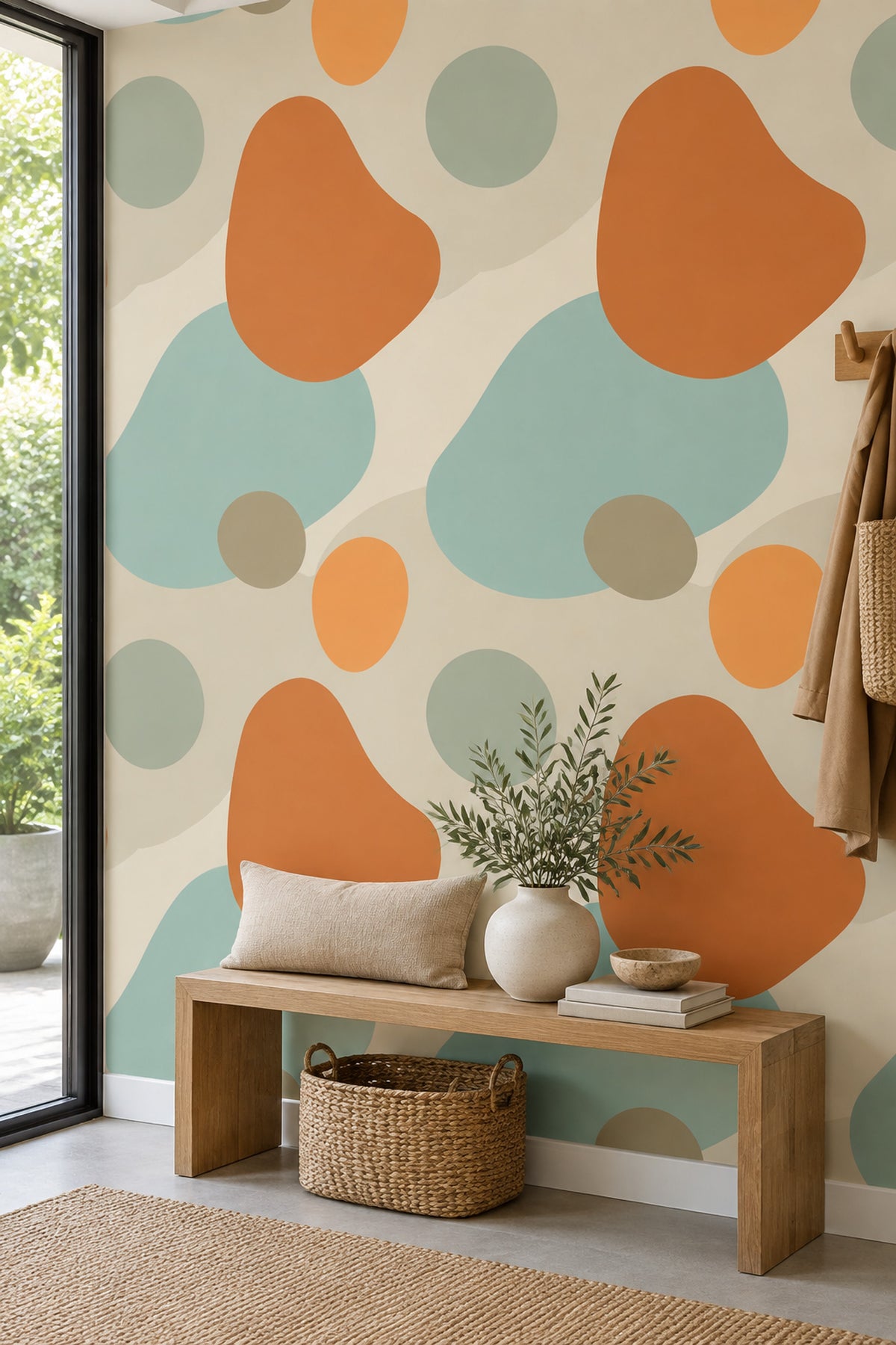 Organic Color Blocks Wallpaper With Beige Ground And Orange Accent