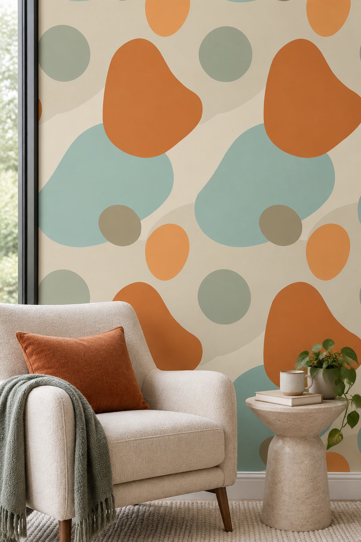 Organic Color Blocks Wallpaper With Beige Ground And Orange Accent