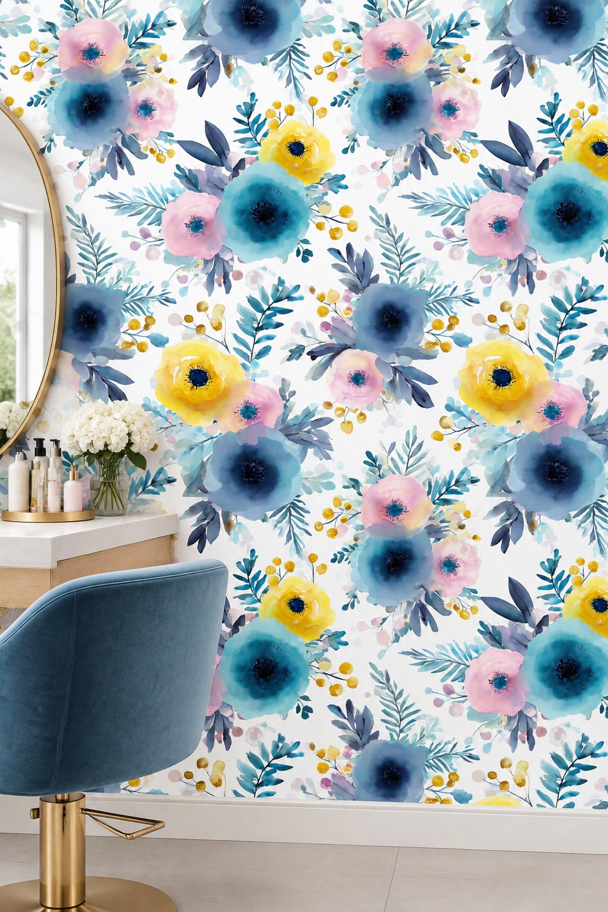 Blue Pink Watercolor Floral Wallpaper White Background