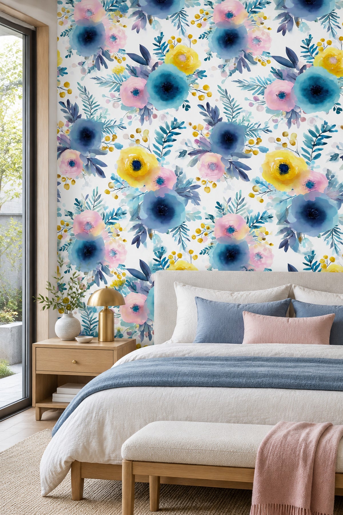 Blue Pink Watercolor Floral Wallpaper White Background