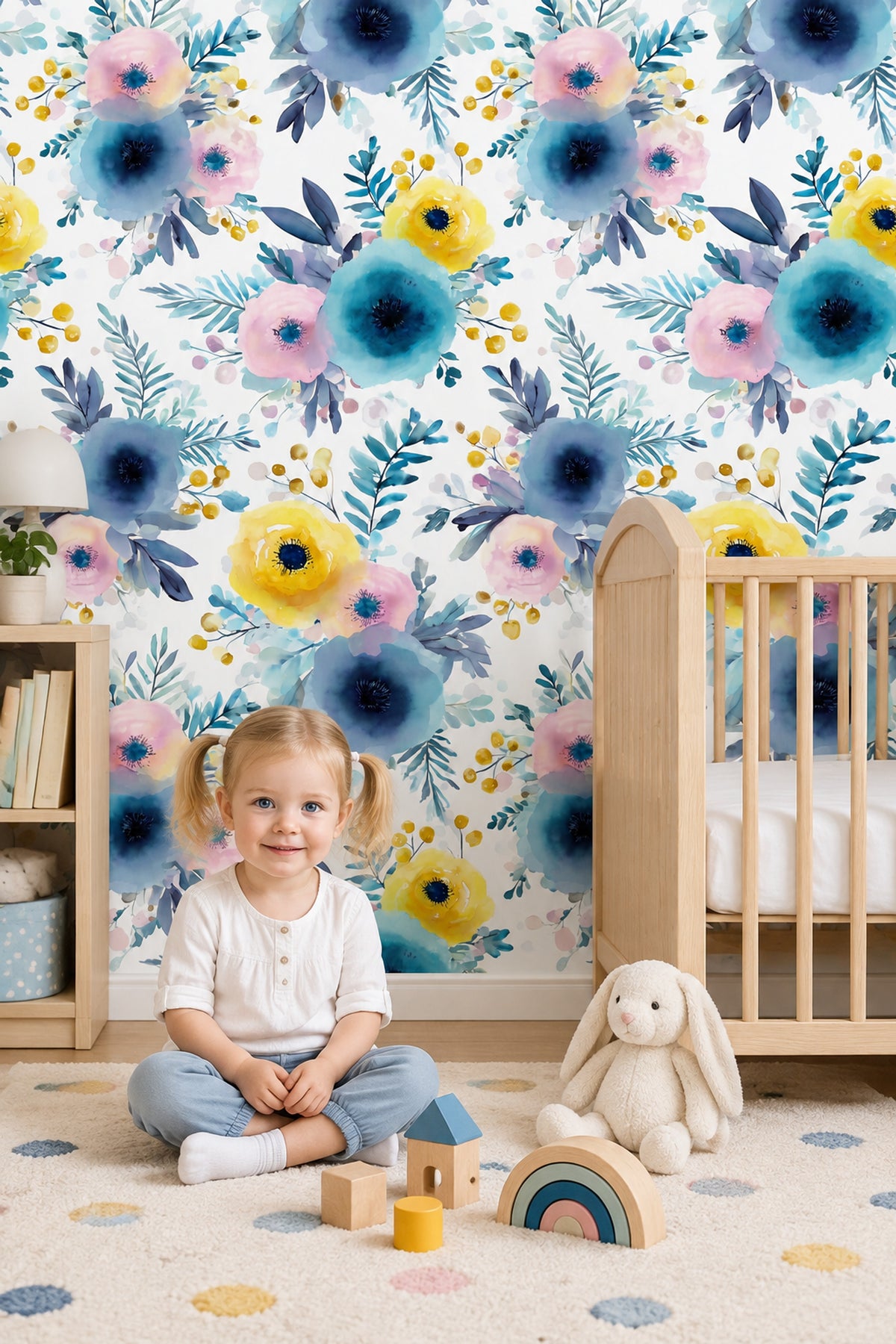 Blue Pink Watercolor Floral Wallpaper White Background