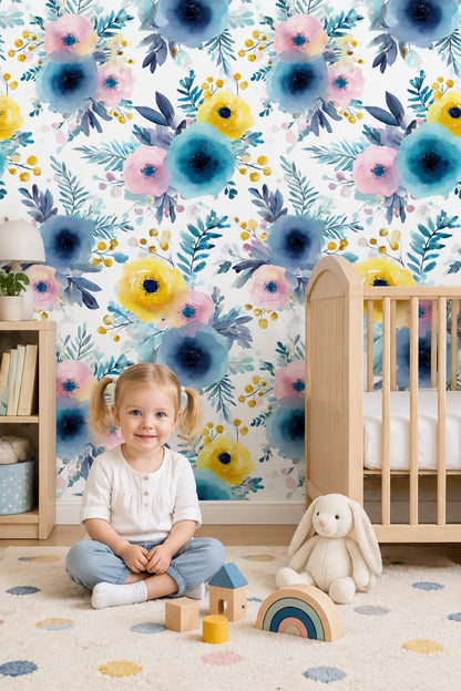 Blue Pink Watercolor Floral Wallpaper White Background