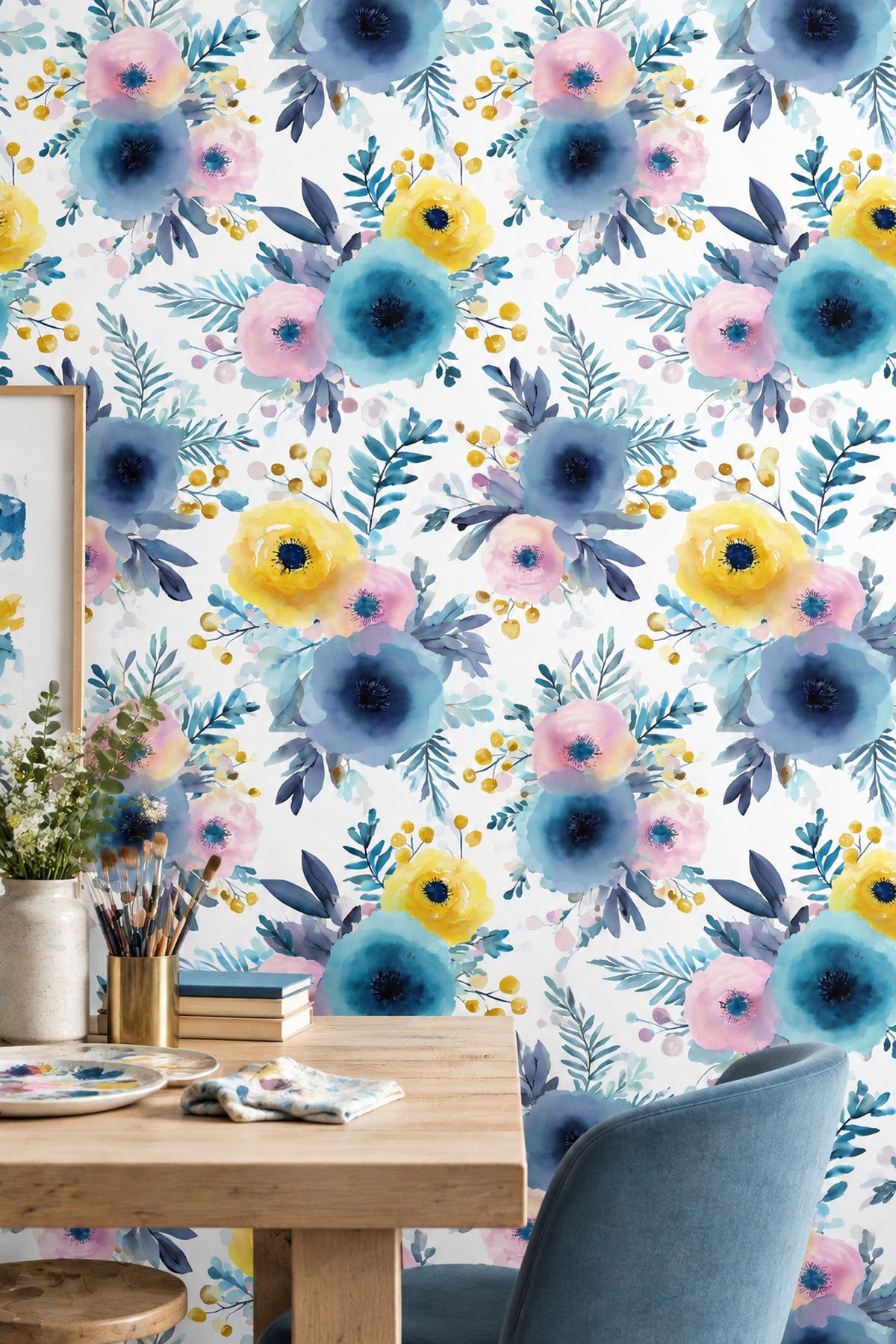 Blue Pink Watercolor Floral Wallpaper White Background