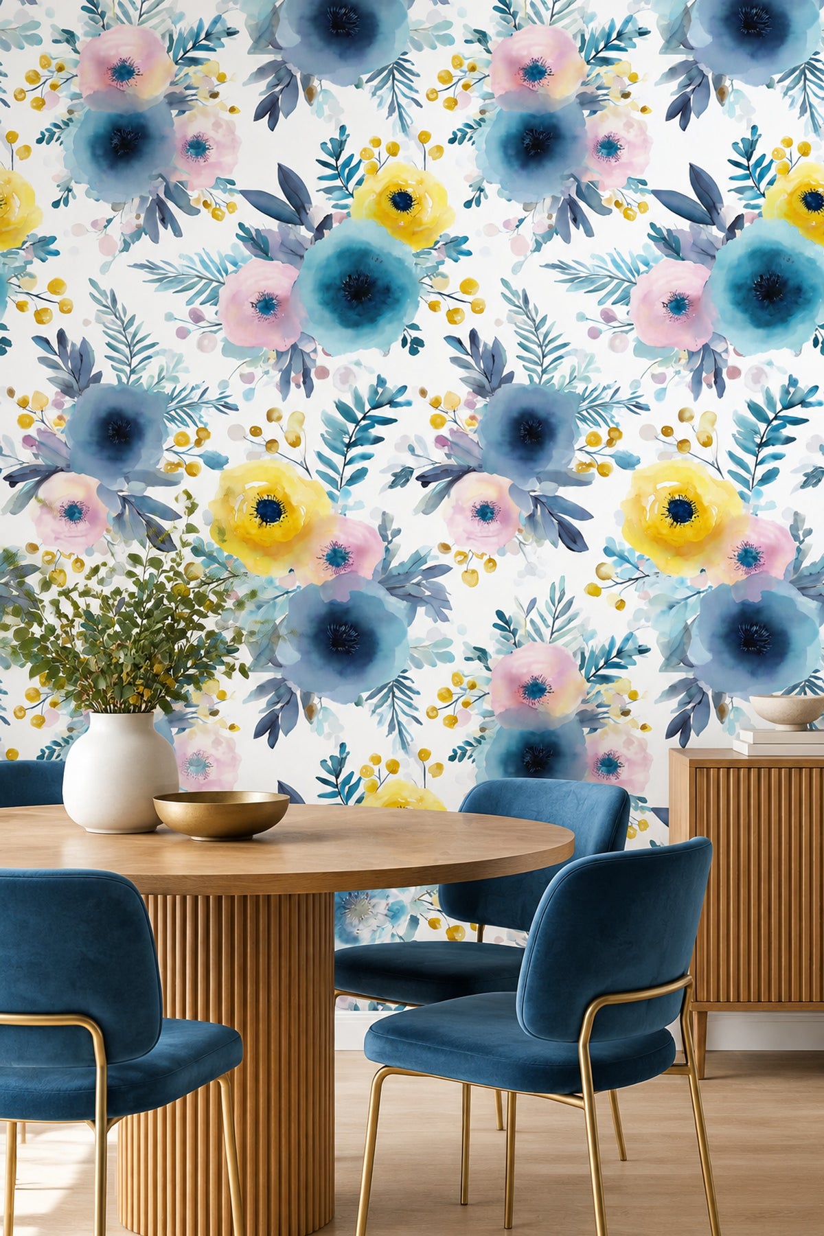 Blue Pink Watercolor Floral Wallpaper White Background