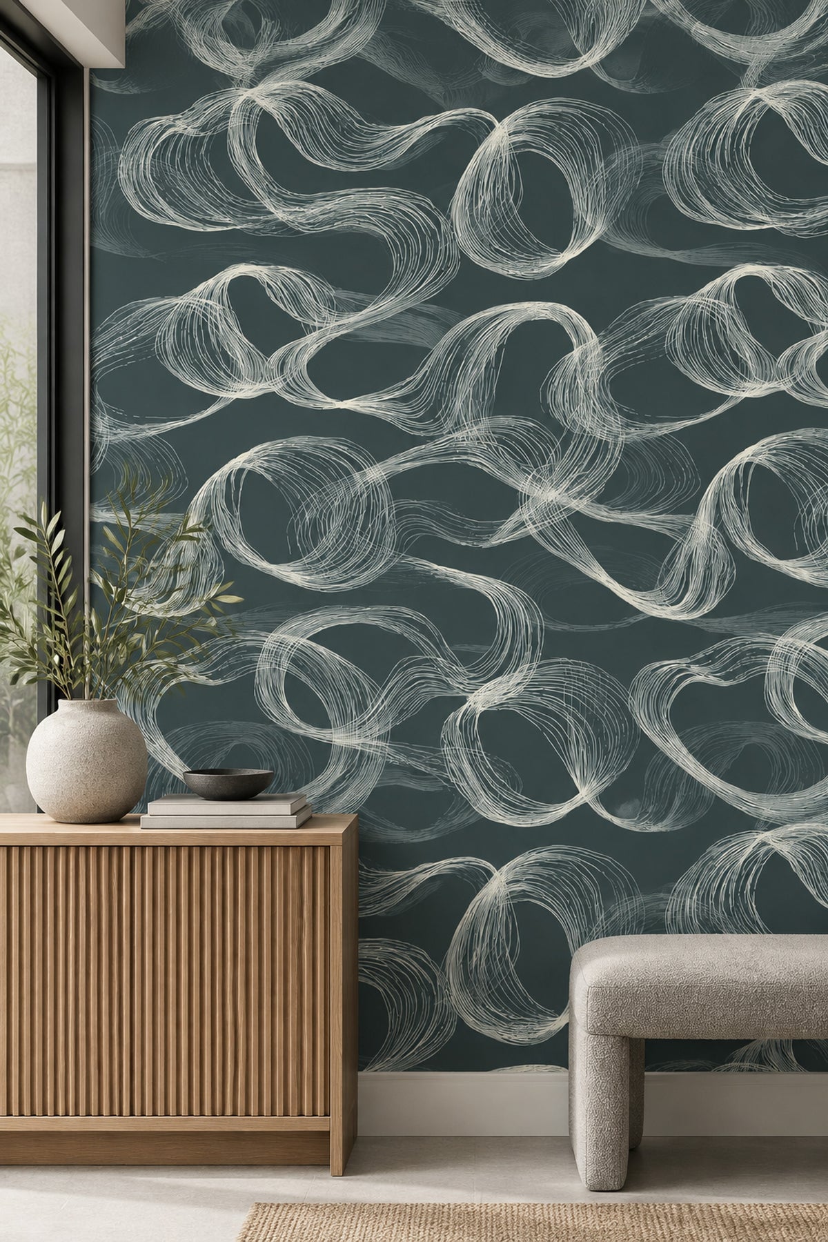 Hand Drawn Looping Line Art Wallpaper In Dark Teal
