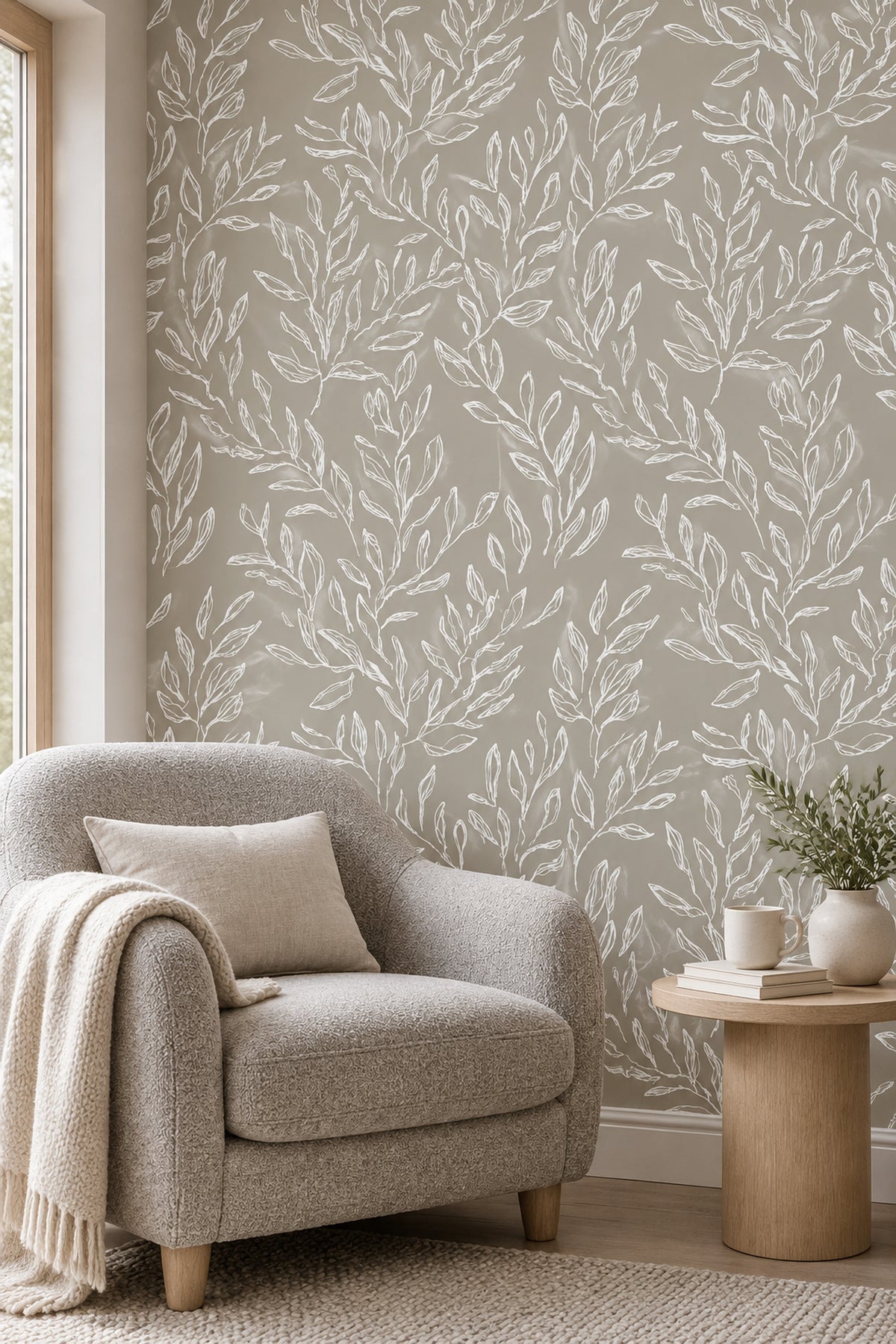 White Leafy Branches Wallpaper Taupe Gray Minimal Botanical Line Art