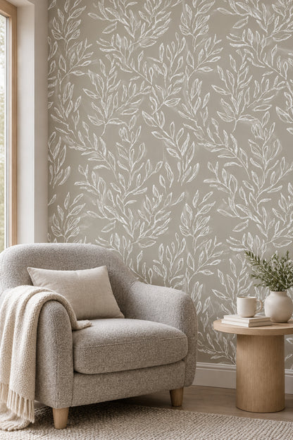 White Leafy Branches Wallpaper Taupe Gray Minimal Botanical Line Art
