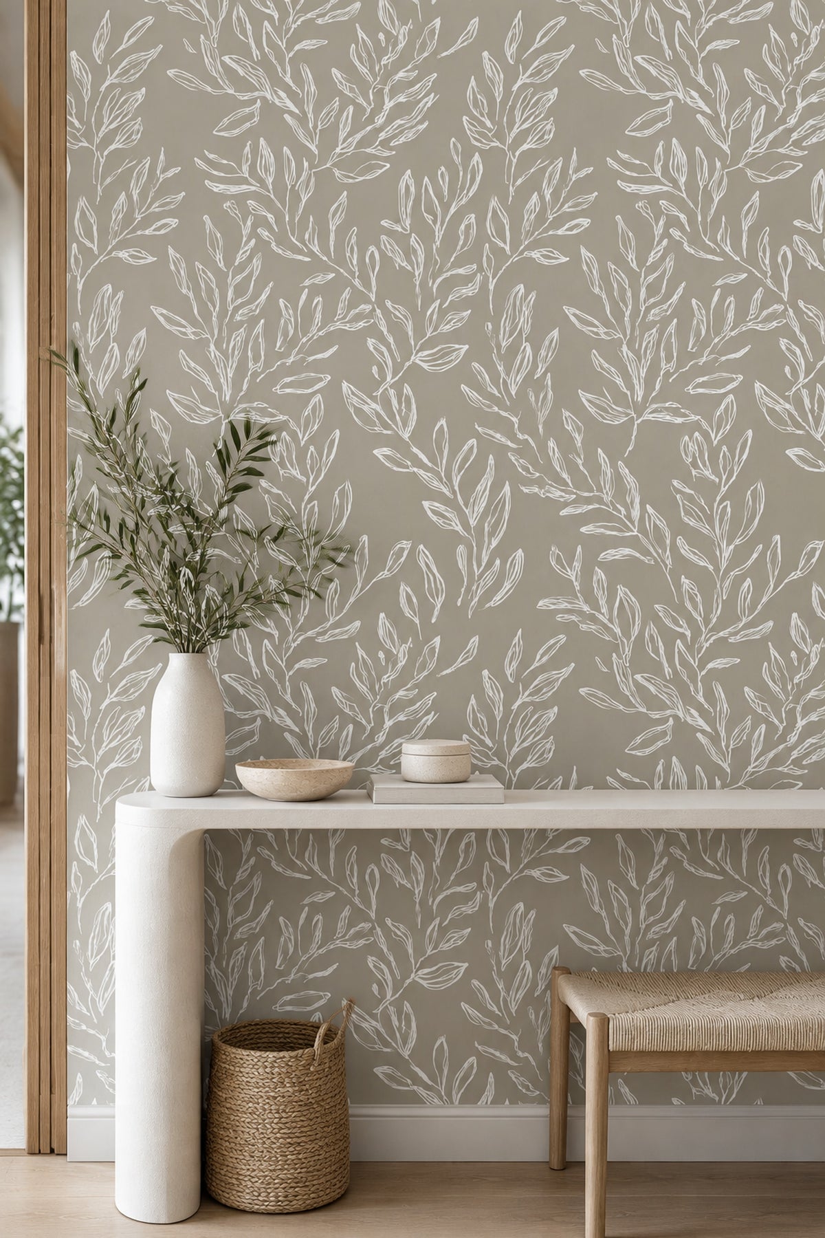 White Leafy Branches Wallpaper Taupe Gray Minimal Botanical Line Art