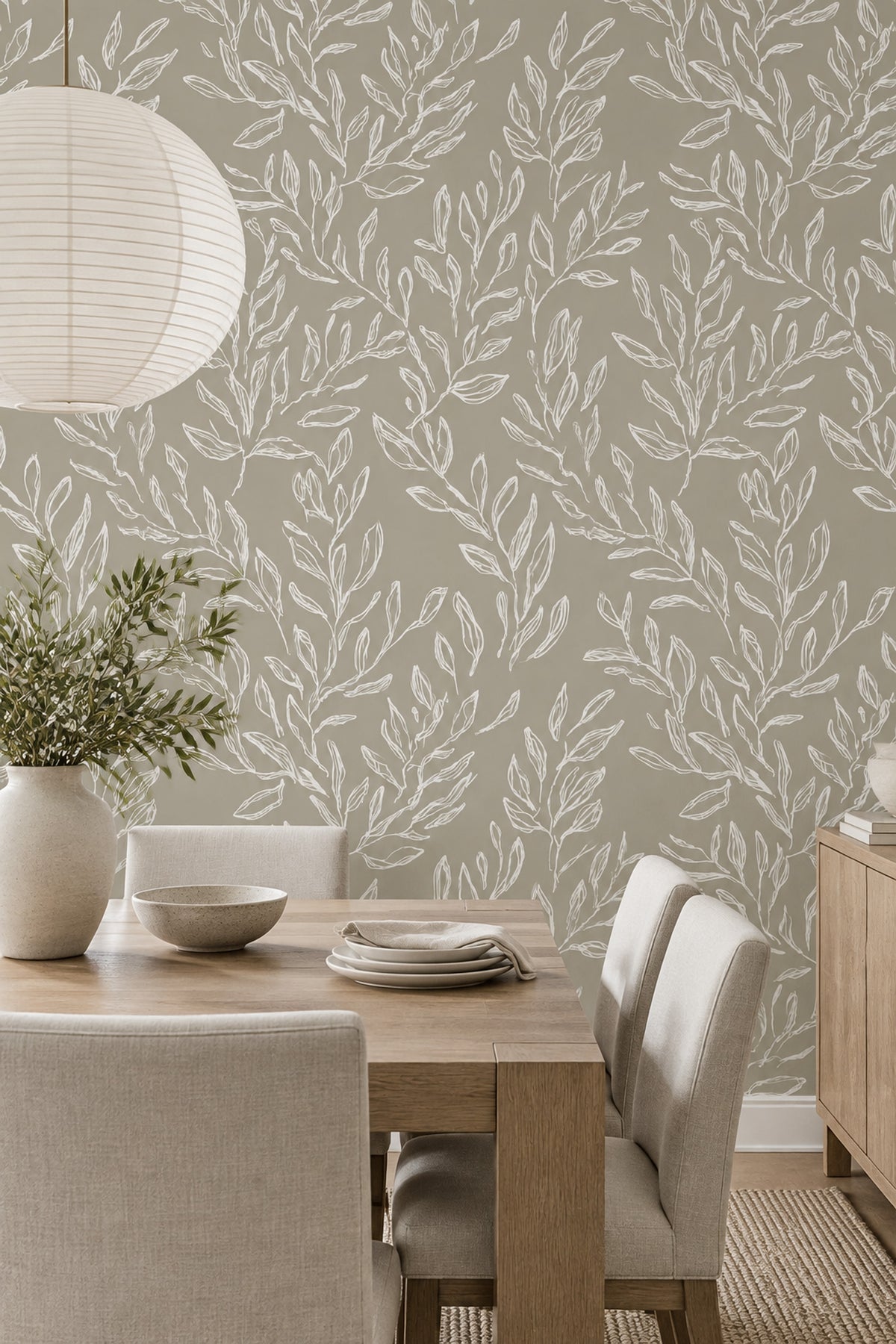 White Leafy Branches Wallpaper Taupe Gray Minimal Botanical Line Art