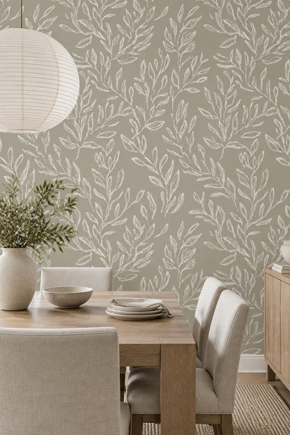 White Leafy Branches Wallpaper Taupe Gray Minimal Botanical Line Art