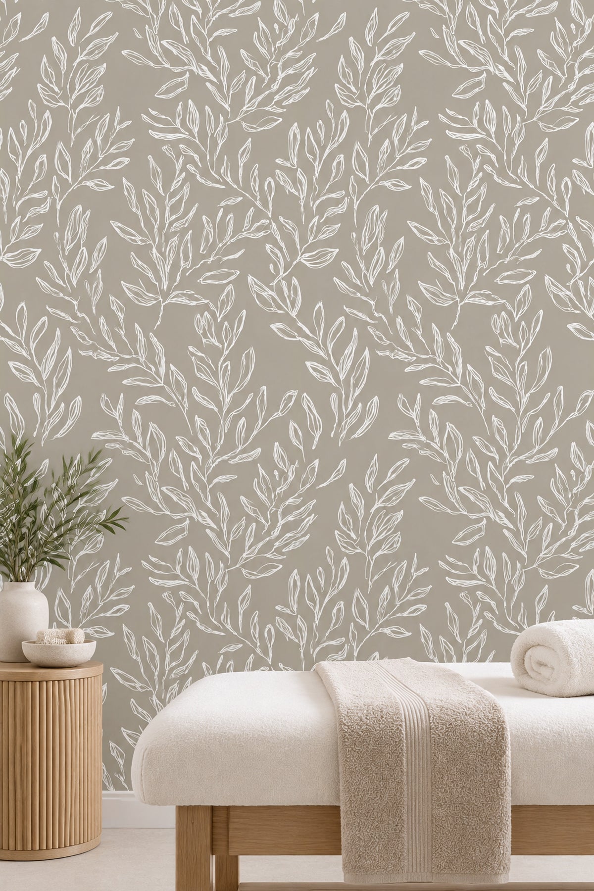 White Leafy Branches Wallpaper Taupe Gray Minimal Botanical Line Art