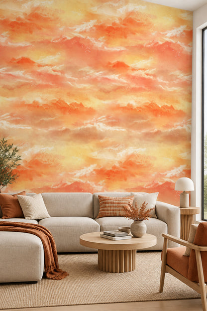 Watercolor Sunset Clouds Wallpaper Peach Orange Gradient