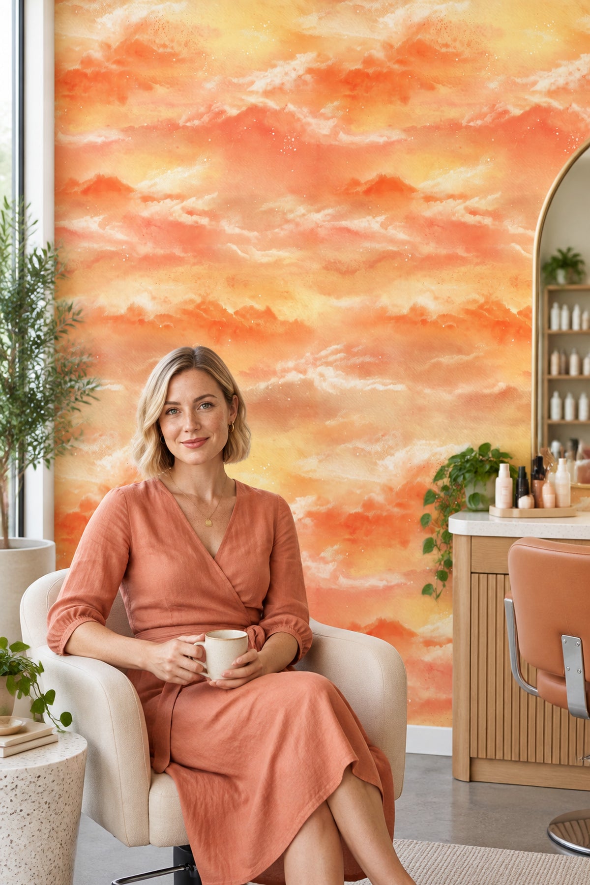 Watercolor Sunset Clouds Wallpaper Peach Orange Gradient