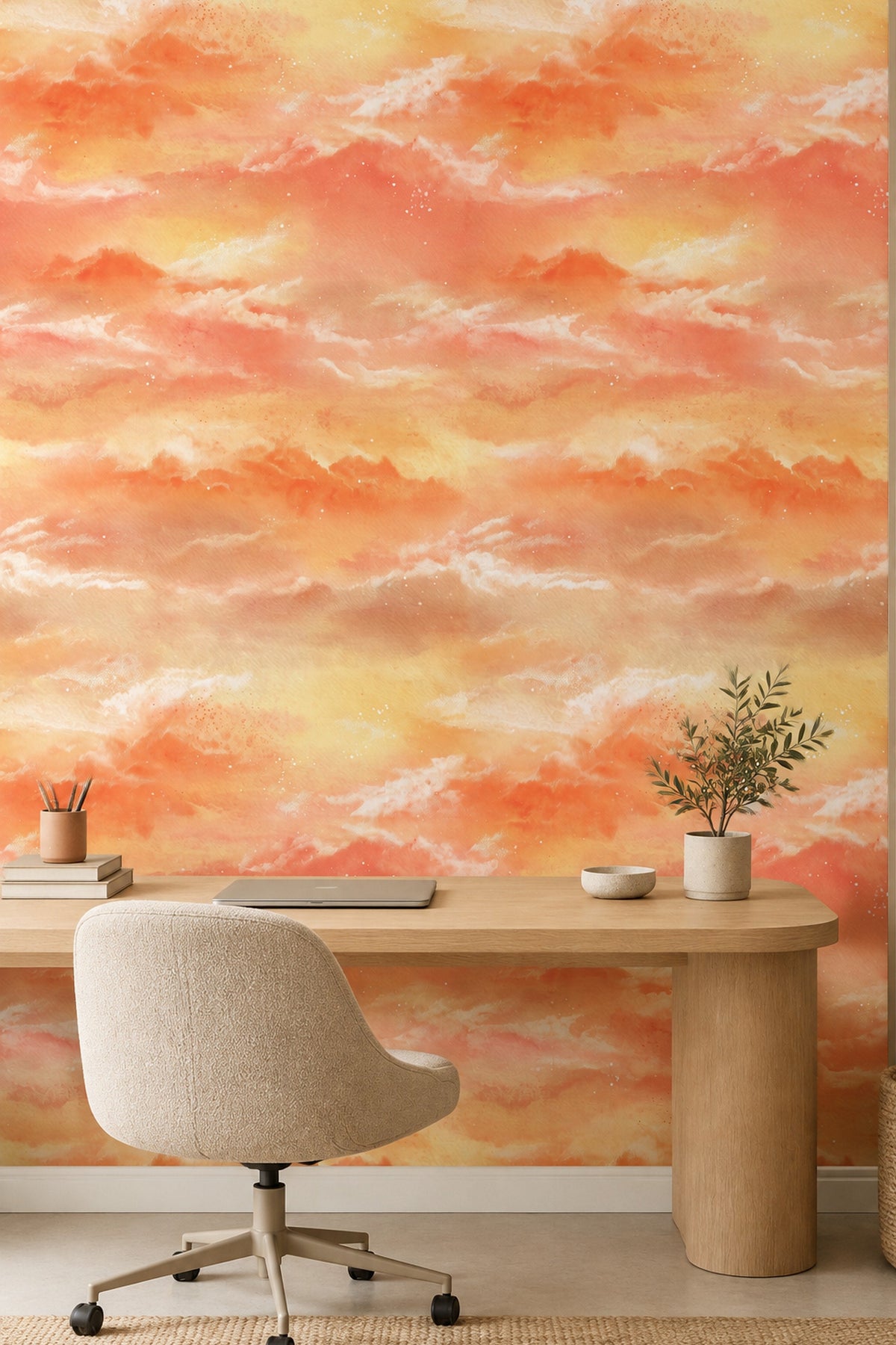Watercolor Sunset Clouds Wallpaper Peach Orange Gradient