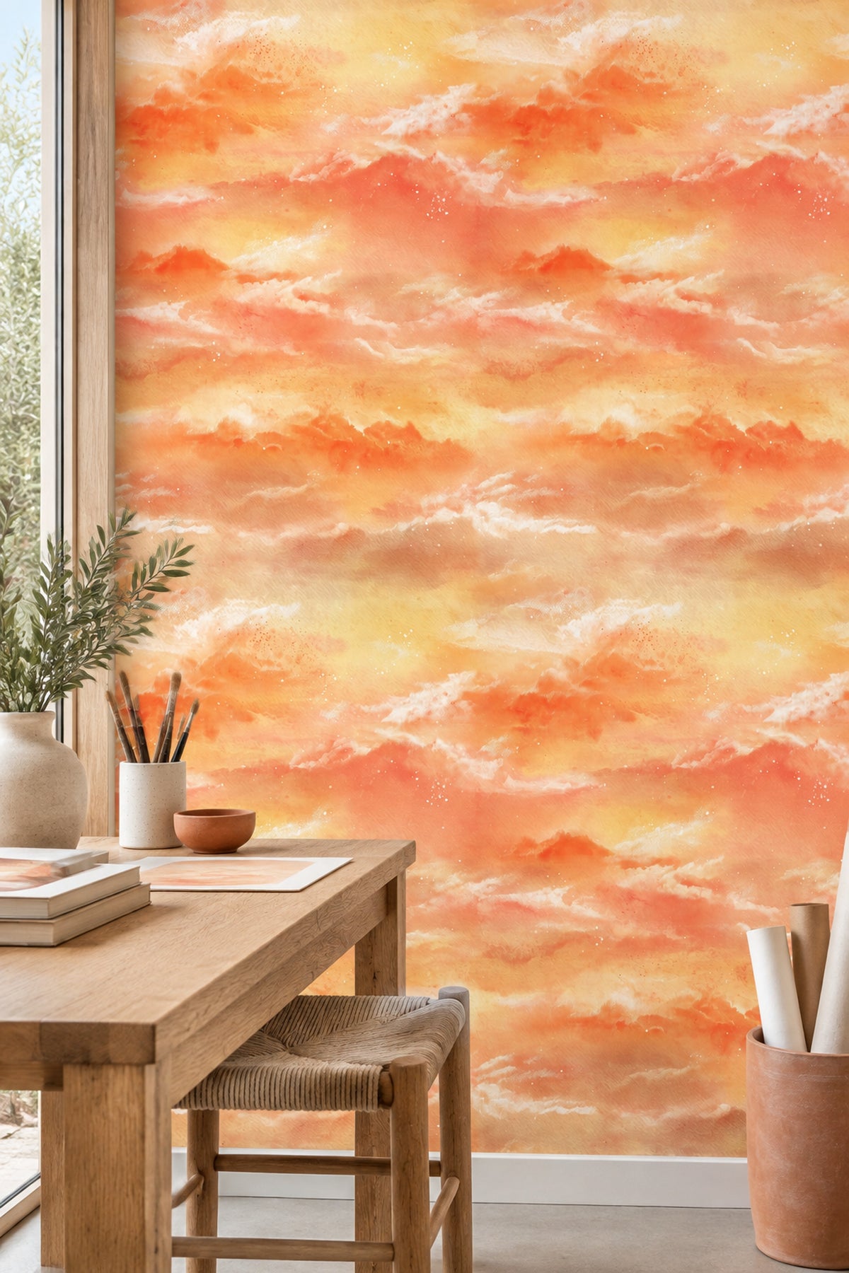 Watercolor Sunset Clouds Wallpaper Peach Orange Gradient