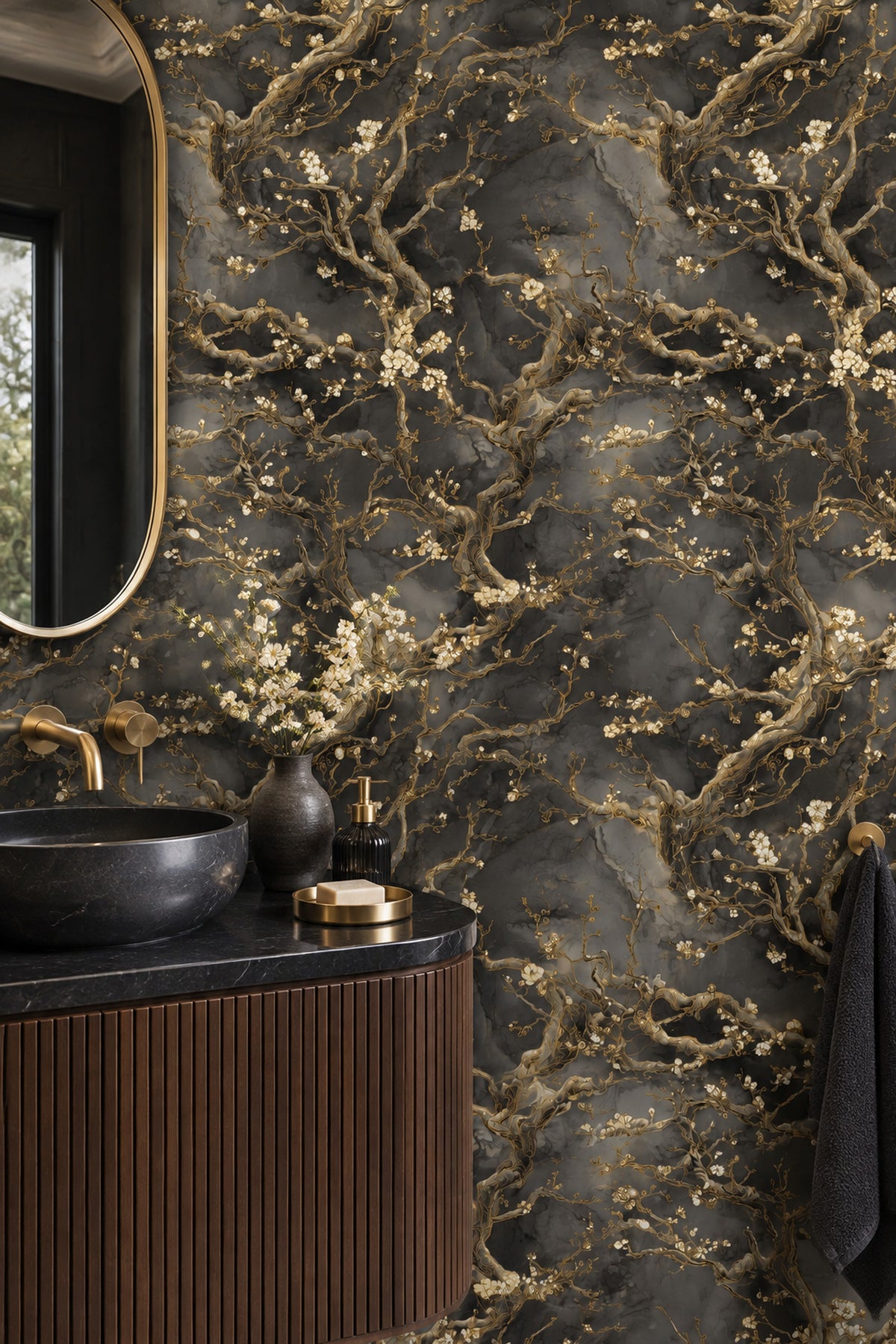 Cream Blossom Branches Wallpaper With Gold Outlined Twigs