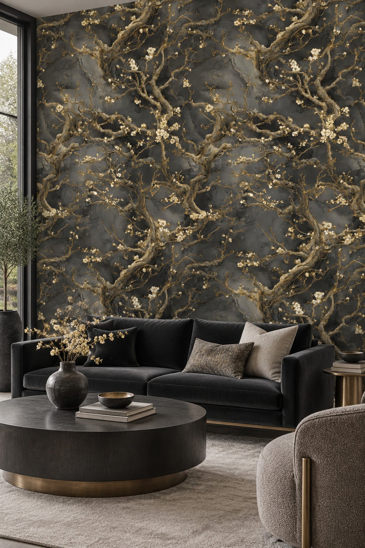 Cream Blossom Branches Wallpaper With Gold Outlined Twigs