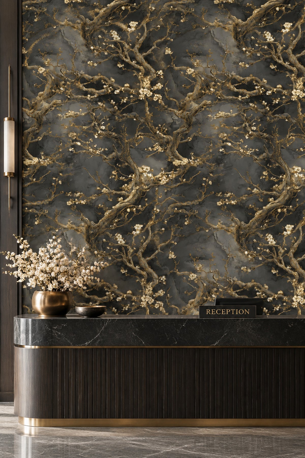 Cream Blossom Branches Wallpaper With Gold Outlined Twigs