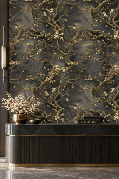 Cream Blossom Branches Wallpaper With Gold Outlined Twigs