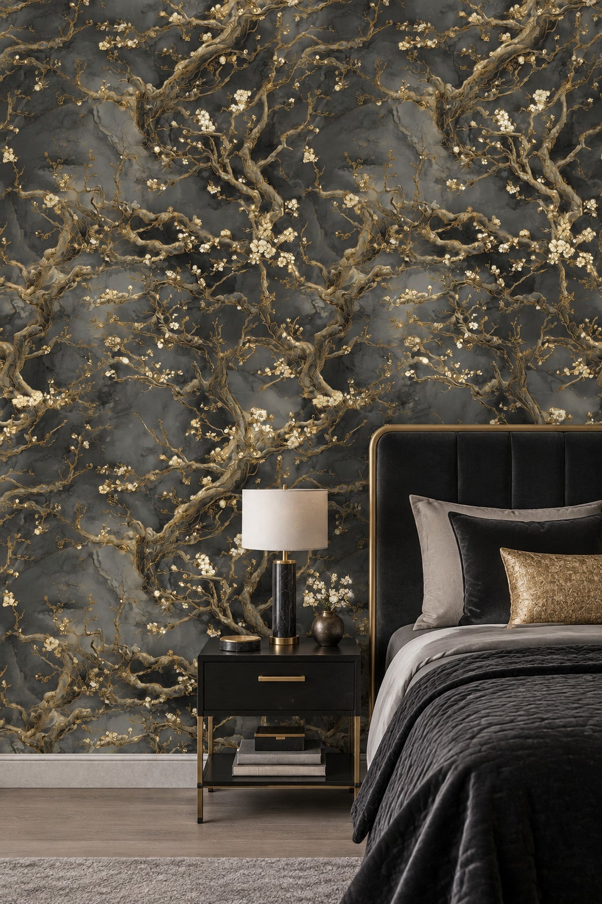 Cream Blossom Branches Wallpaper With Gold Outlined Twigs