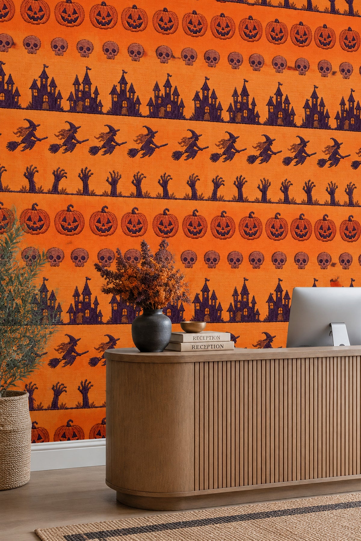 Halloween Pumpkins Skulls And Witches Wallpaper Orange Embroidered Look