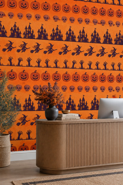 Halloween Pumpkins Skulls And Witches Wallpaper Orange Embroidered Look