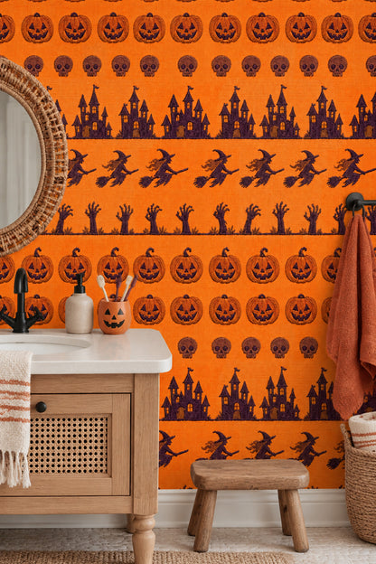 Halloween Pumpkins Skulls And Witches Wallpaper Orange Embroidered Look