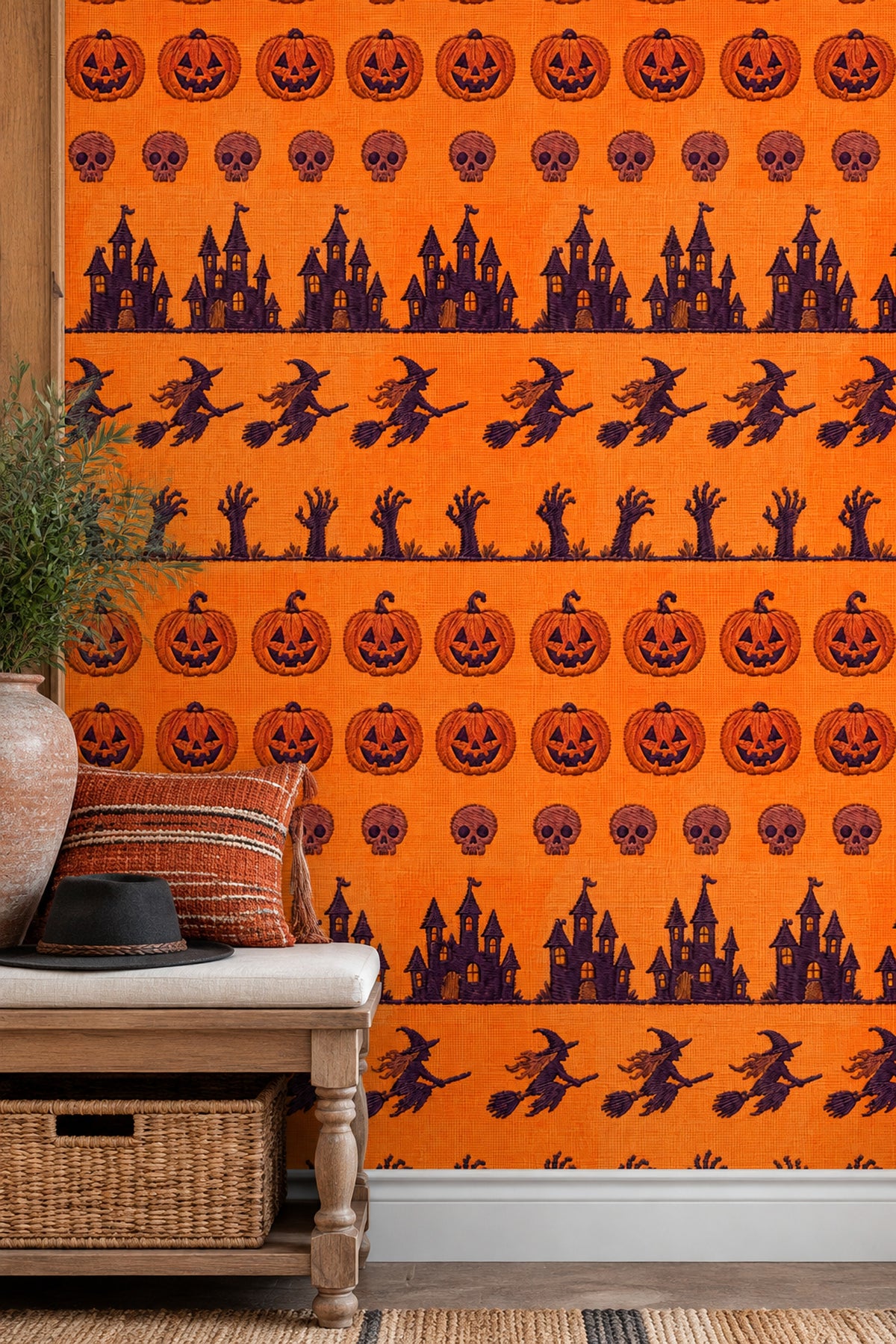 Halloween Pumpkins Skulls And Witches Wallpaper Orange Embroidered Look