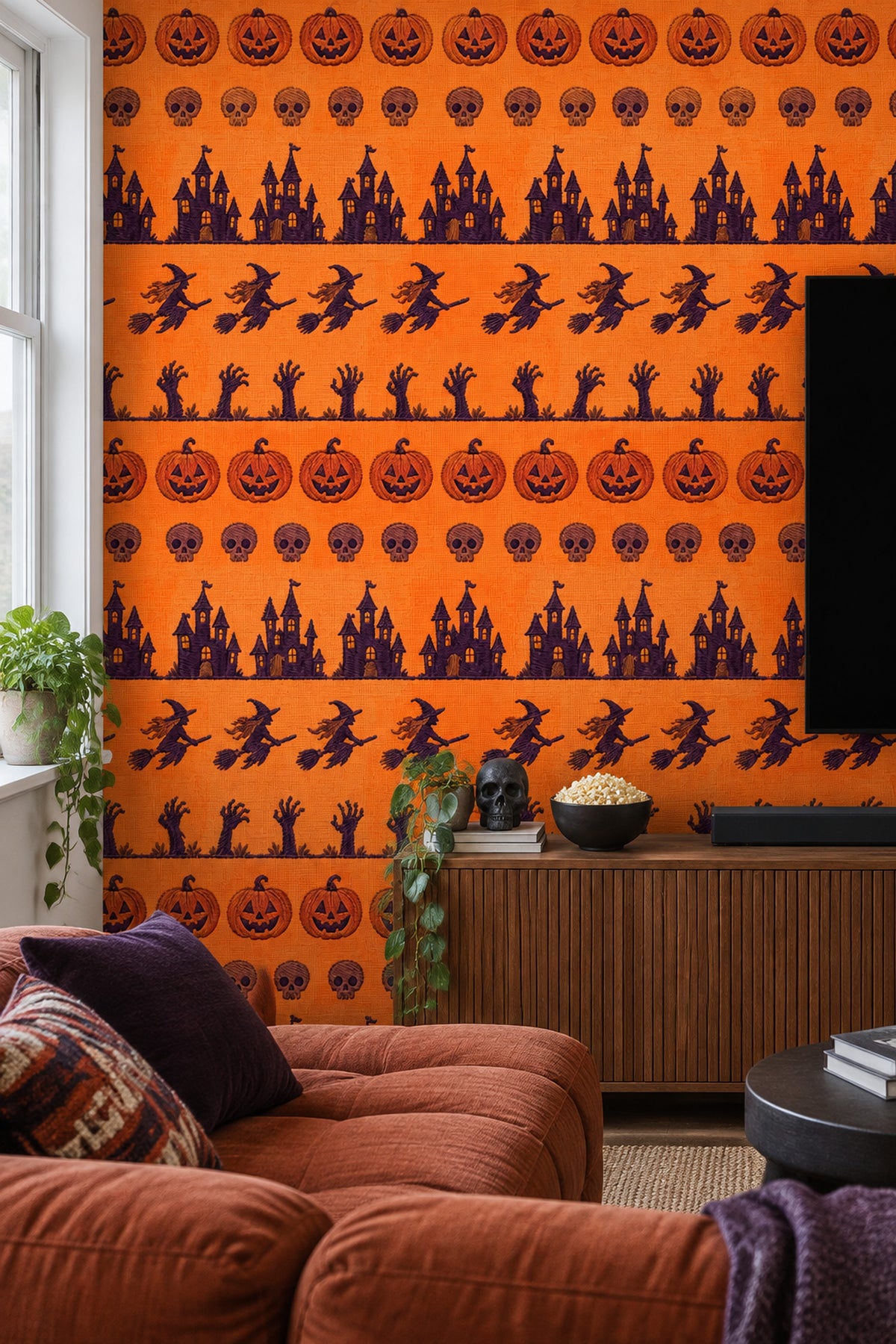 Halloween Pumpkins Skulls And Witches Wallpaper Orange Embroidered Look