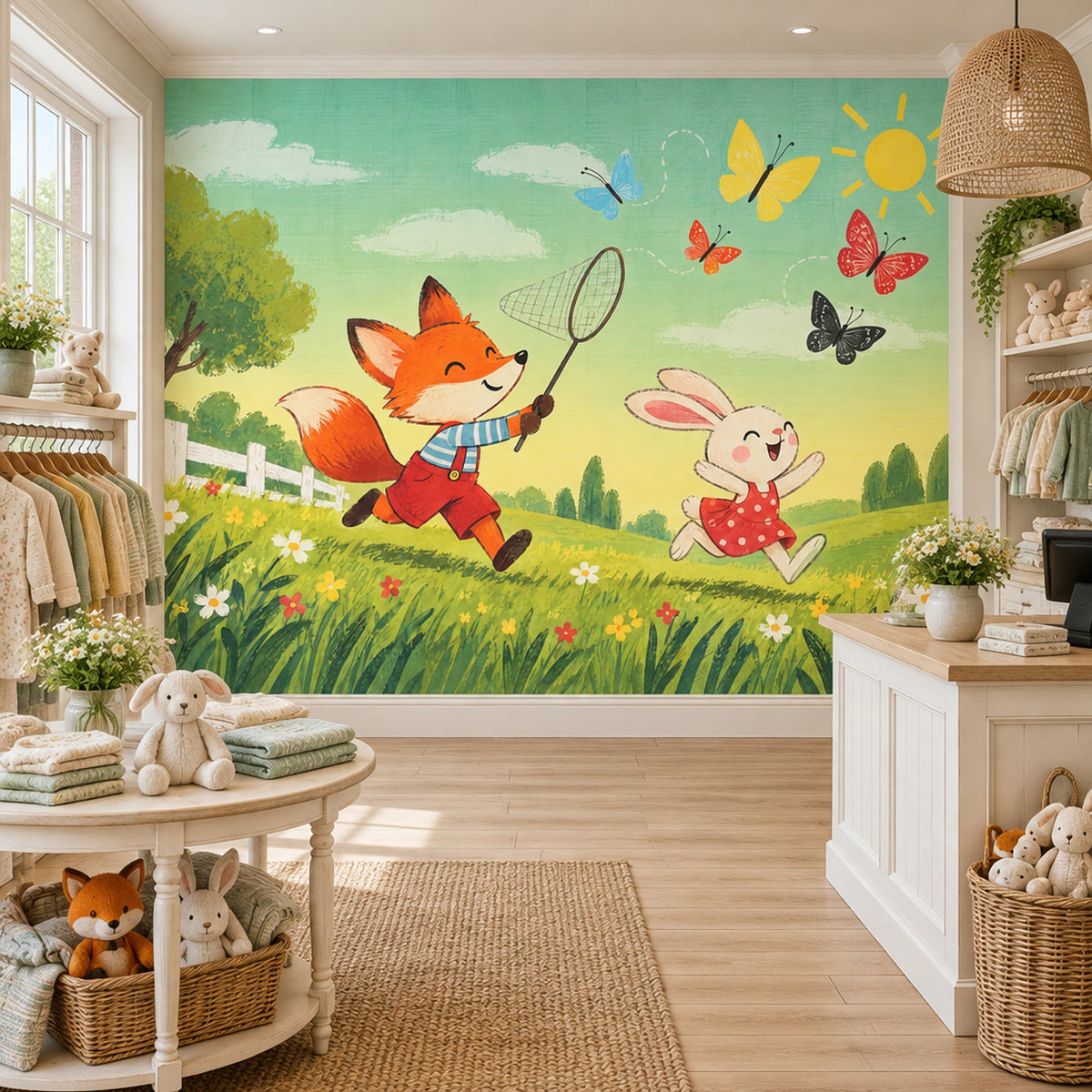 Fox And Rabbit In Bright Meadow Wallpaper Whimsical Landscape Wall Mural