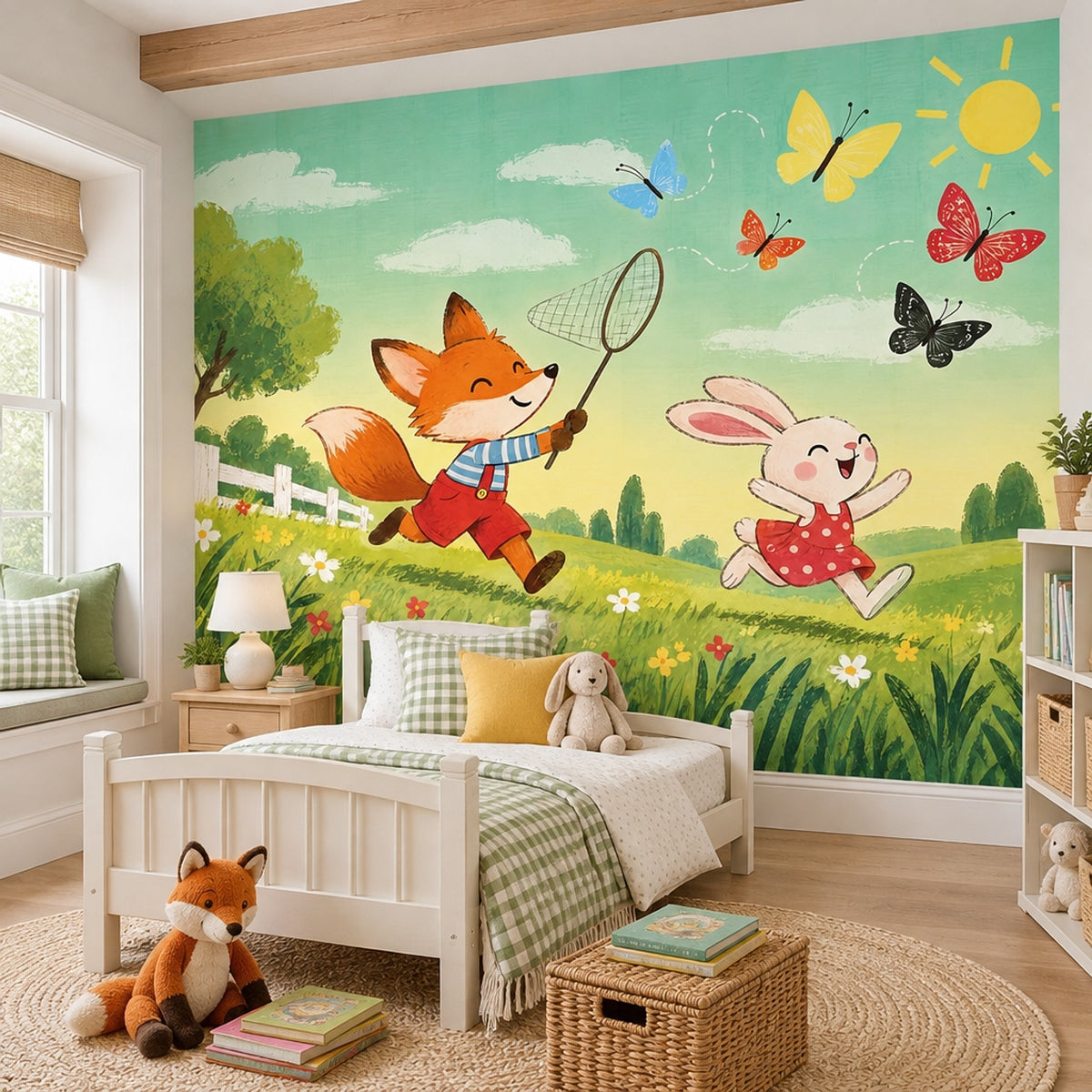 Fox And Rabbit In Bright Meadow Wallpaper Whimsical Landscape Wall Mural