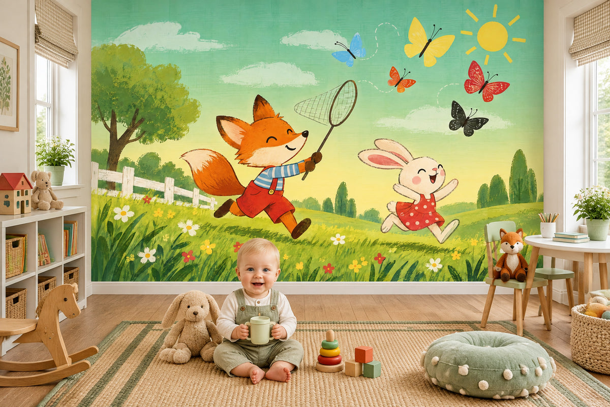 Fox And Rabbit In Bright Meadow Wallpaper Whimsical Landscape Wall Mural