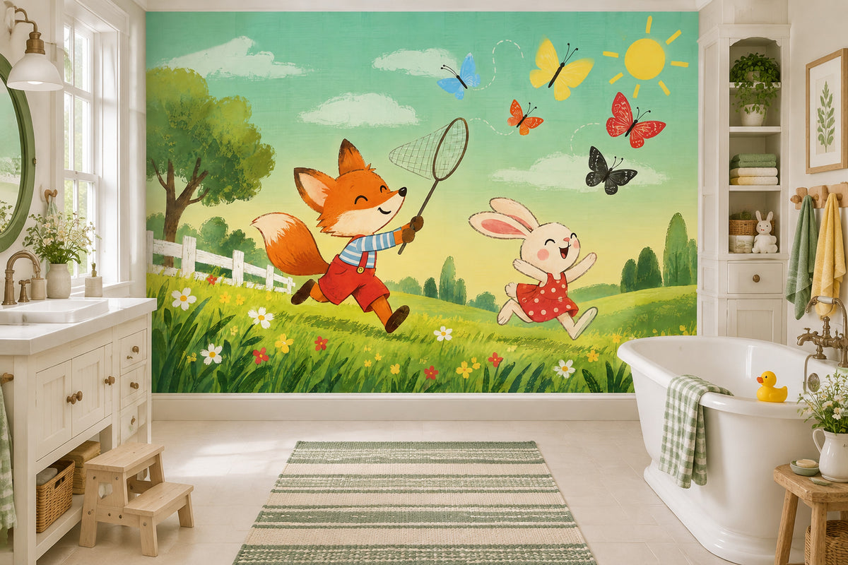 Fox And Rabbit In Bright Meadow Wallpaper Whimsical Landscape Wall Mural