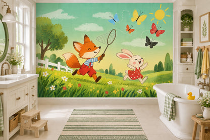 Fox And Rabbit In Bright Meadow Wallpaper Whimsical Landscape Wall Mural
