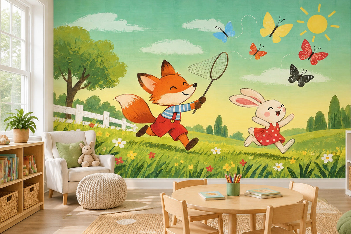 Fox And Rabbit In Bright Meadow Wallpaper Whimsical Landscape Wall Mural